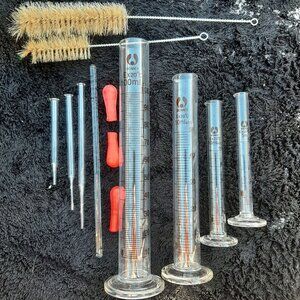 Glass Graduated Cylinders 100 ml, 50 ml, 10ml, 5 ml & 3 Glass Dropper Glass Stir